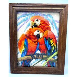 Hand Made Stitched Year Art Framed Tropical Parrots Wall hanging Framed Vintage
